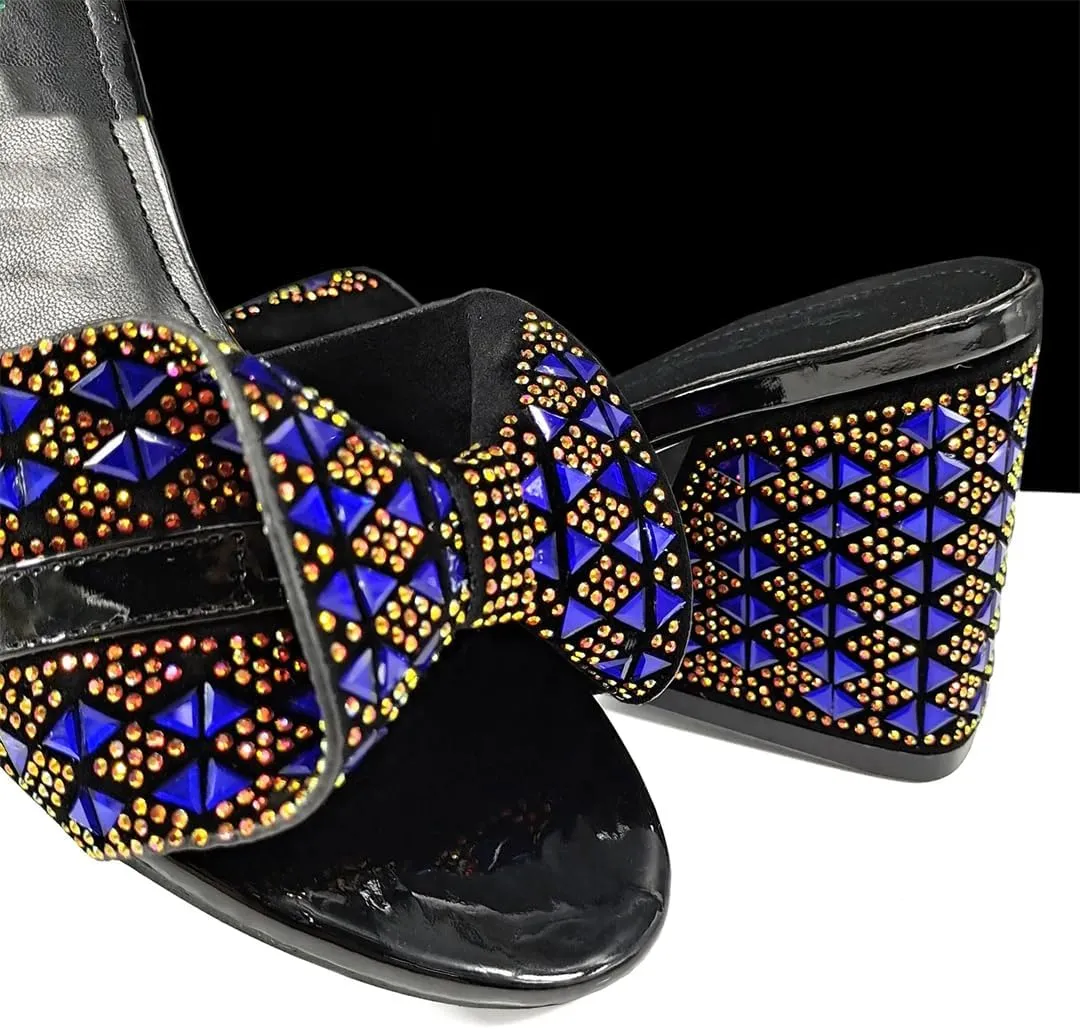 Women’S Italian Rhinestone Banquet Shoes and Small Bag Set with Square Heel and Crystal Decoration for Special Occasions