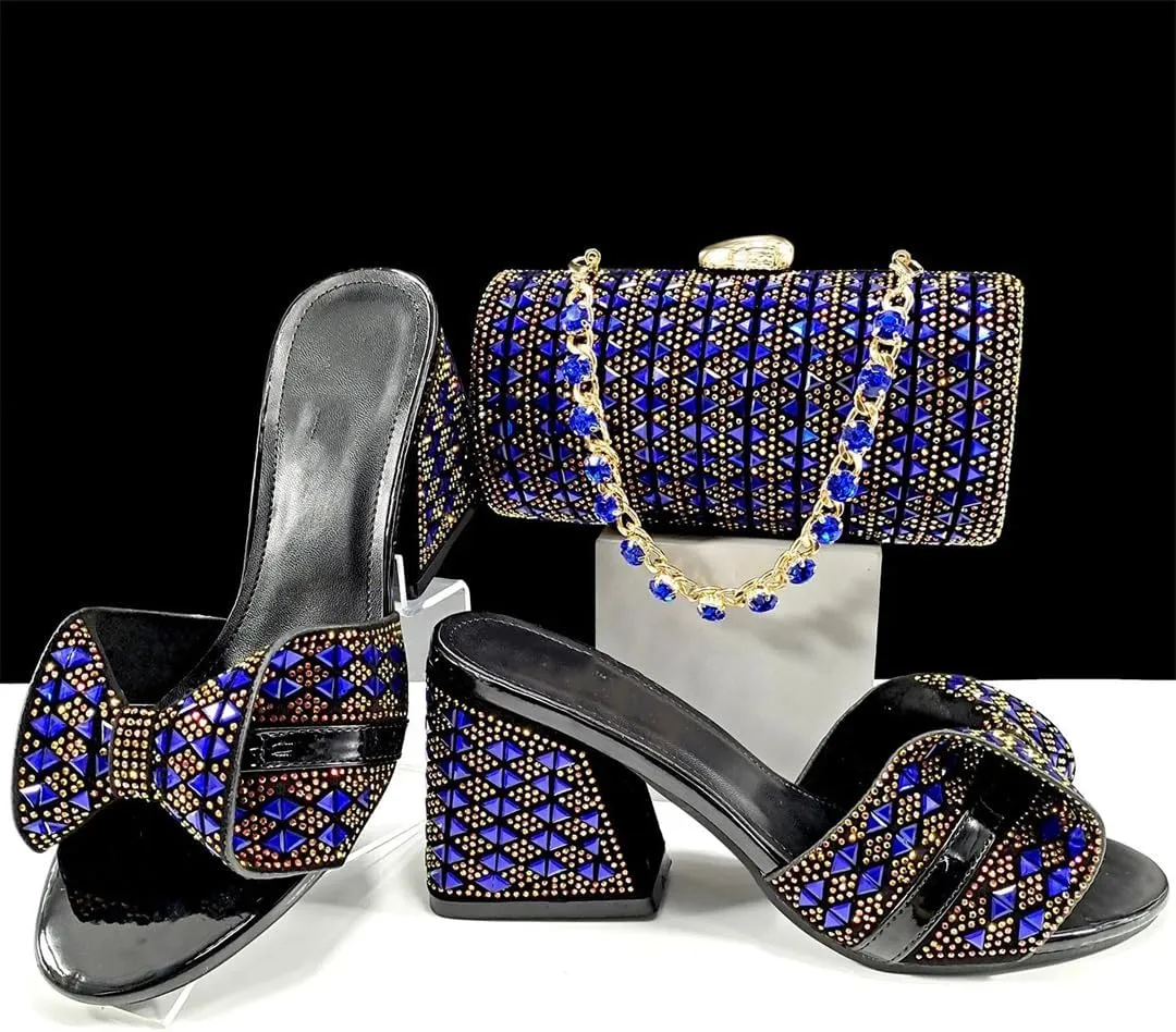 Women’S Italian Rhinestone Banquet Shoes and Small Bag Set with Square Heel and Crystal Decoration for Special Occasions