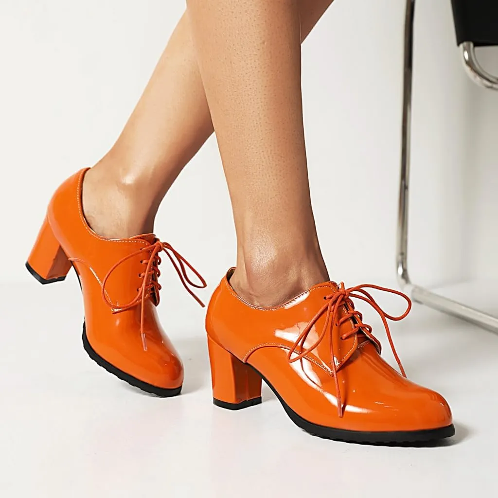 Women's Lace Up Chunky High Heels Dress Pumps Round Toe Patent Leather Classic Brogues Oxfords Shoes