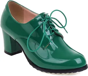 Women's Lace Up Chunky High Heels Dress Pumps Round Toe Patent Leather Classic Brogues Oxfords Shoes