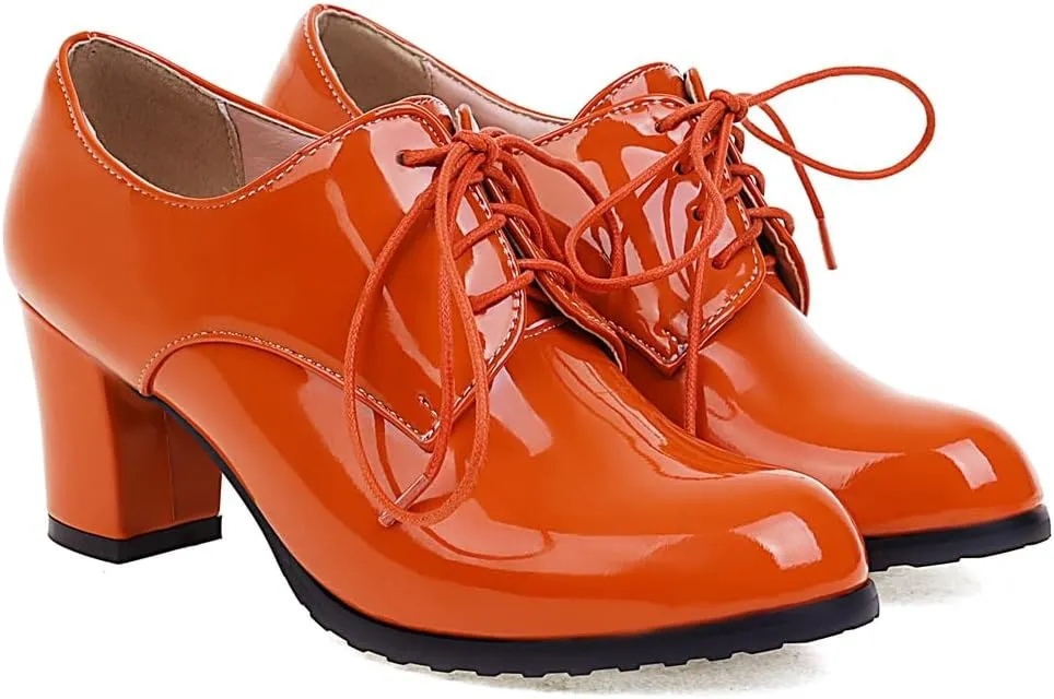 Women's Lace Up Chunky High Heels Dress Pumps Round Toe Patent Leather Classic Brogues Oxfords Shoes
