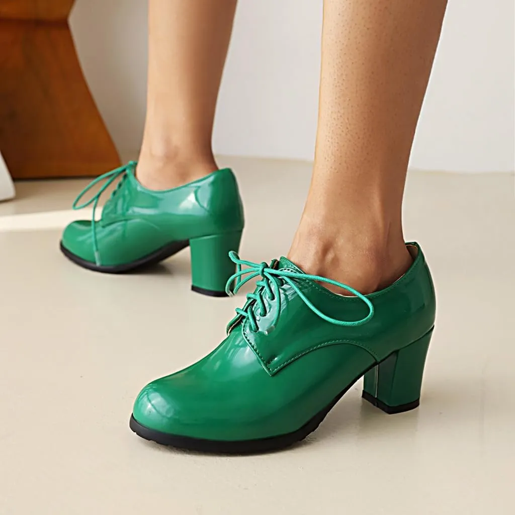 Women's Lace Up Chunky High Heels Dress Pumps Round Toe Patent Leather Classic Brogues Oxfords Shoes
