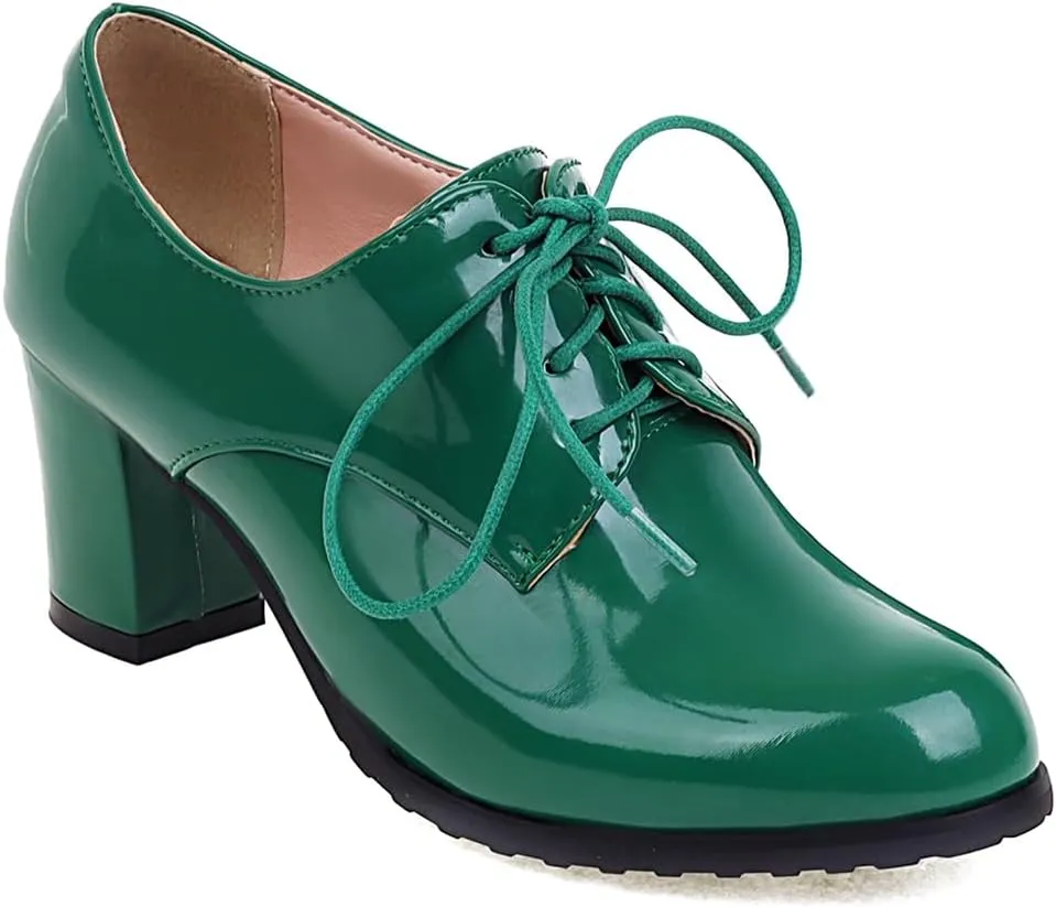 Women's Lace Up Chunky High Heels Dress Pumps Round Toe Patent Leather Classic Brogues Oxfords Shoes