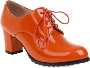 Women's Lace Up Chunky High Heels Dress Pumps Round Toe Patent Leather Classic Brogues Oxfords Shoes