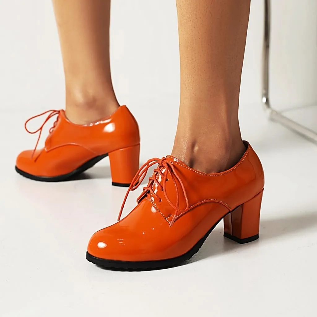 Women's Lace Up Chunky High Heels Dress Pumps Round Toe Patent Leather Classic Brogues Oxfords Shoes