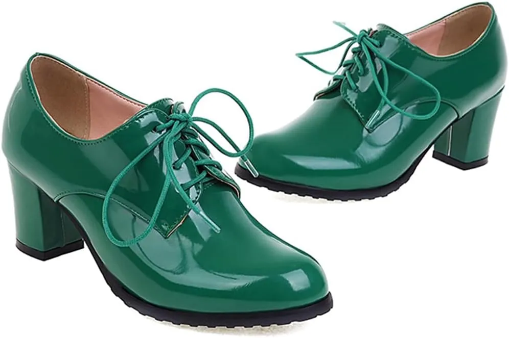 Women's Lace Up Chunky High Heels Dress Pumps Round Toe Patent Leather Classic Brogues Oxfords Shoes