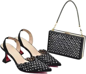 Women's Luxury Silver Party Shoes and Bag Set with Pointed Toe Spike Heel Slip-On Pumps for Wedding
