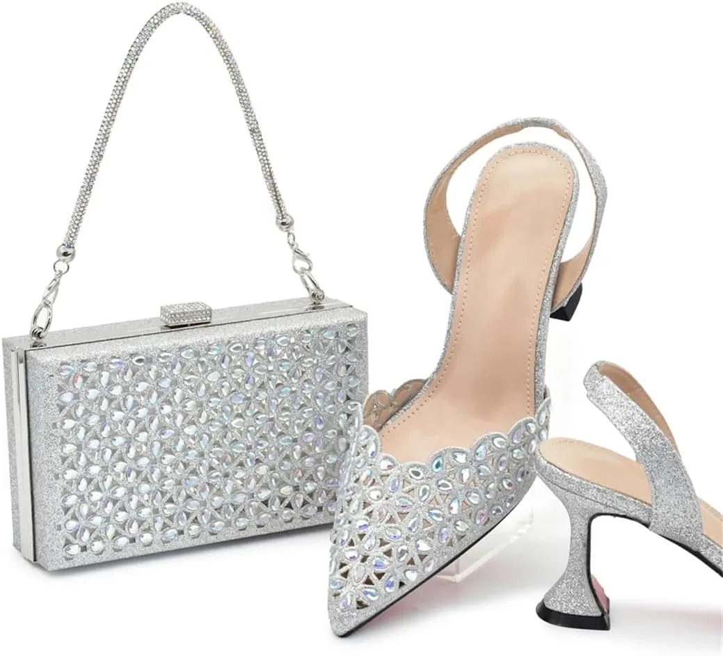Women's Luxury Silver Party Shoes and Bag Set with Pointed Toe Spike Heel Slip-On Pumps for Wedding