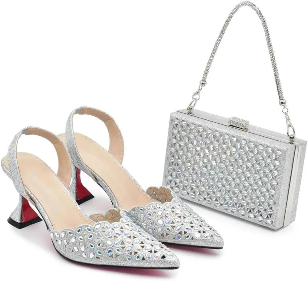 Women's Luxury Silver Party Shoes and Bag Set with Pointed Toe Spike Heel Slip-On Pumps for Wedding