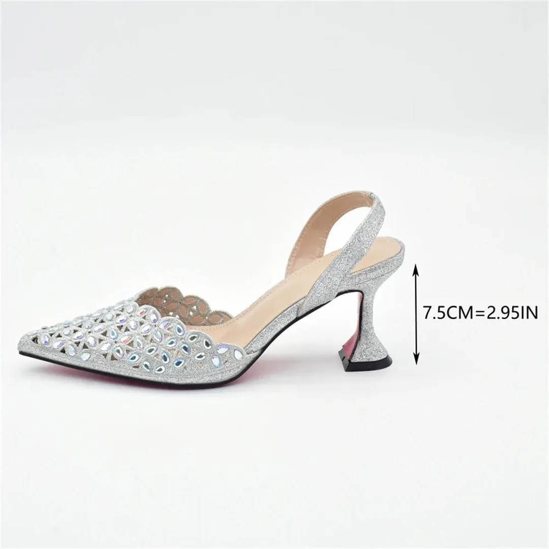 Women's Luxury Silver Party Shoes and Bag Set with Pointed Toe Spike Heel Slip-On Pumps for Wedding