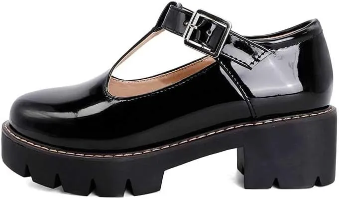 Womens Mary Jane Shoes Round Toe T-Strap Patent Leather Chunky Platform Student Uniform Lotita Pump