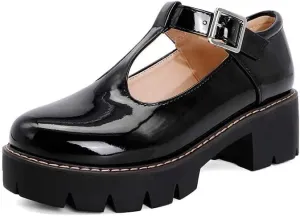 Womens Mary Jane Shoes Round Toe T-Strap Patent Leather Chunky Platform Student Uniform Lotita Pump