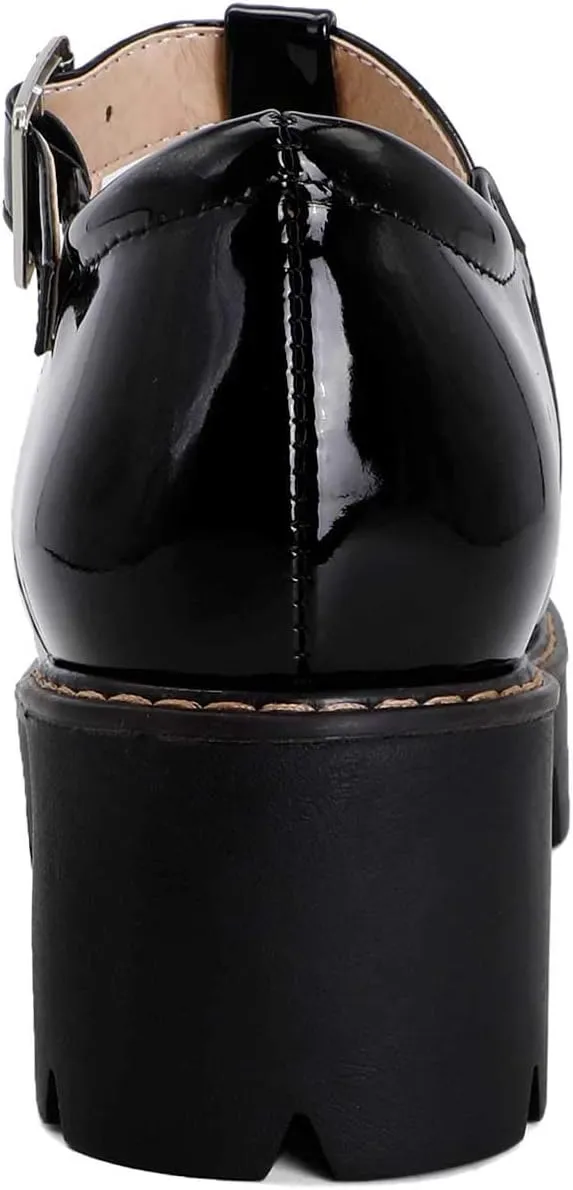 Womens Mary Jane Shoes Round Toe T-Strap Patent Leather Chunky Platform Student Uniform Lotita Pump