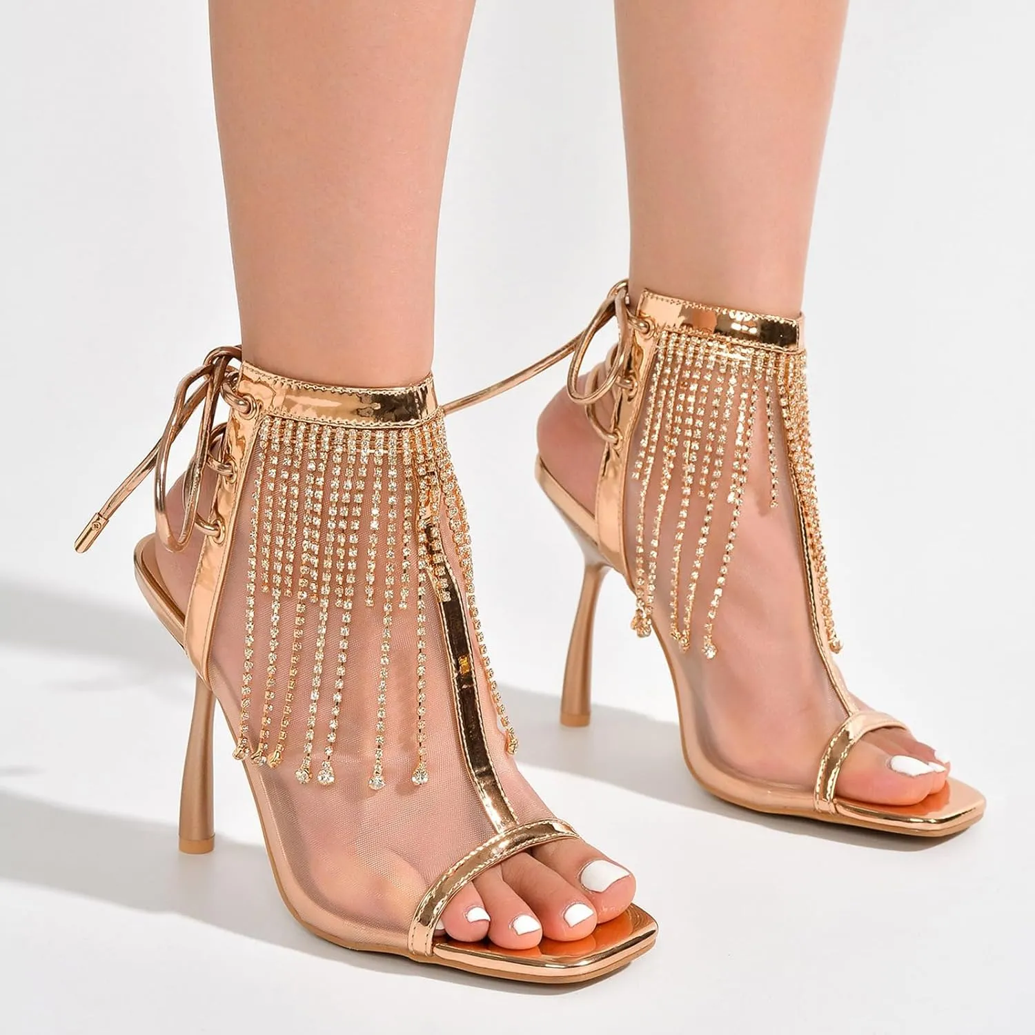 Women's Mesh Sandals Peep Toe High Heels Lace Up Summer Boots Buckle Strap Party Sexy Pump Shoes Open toe