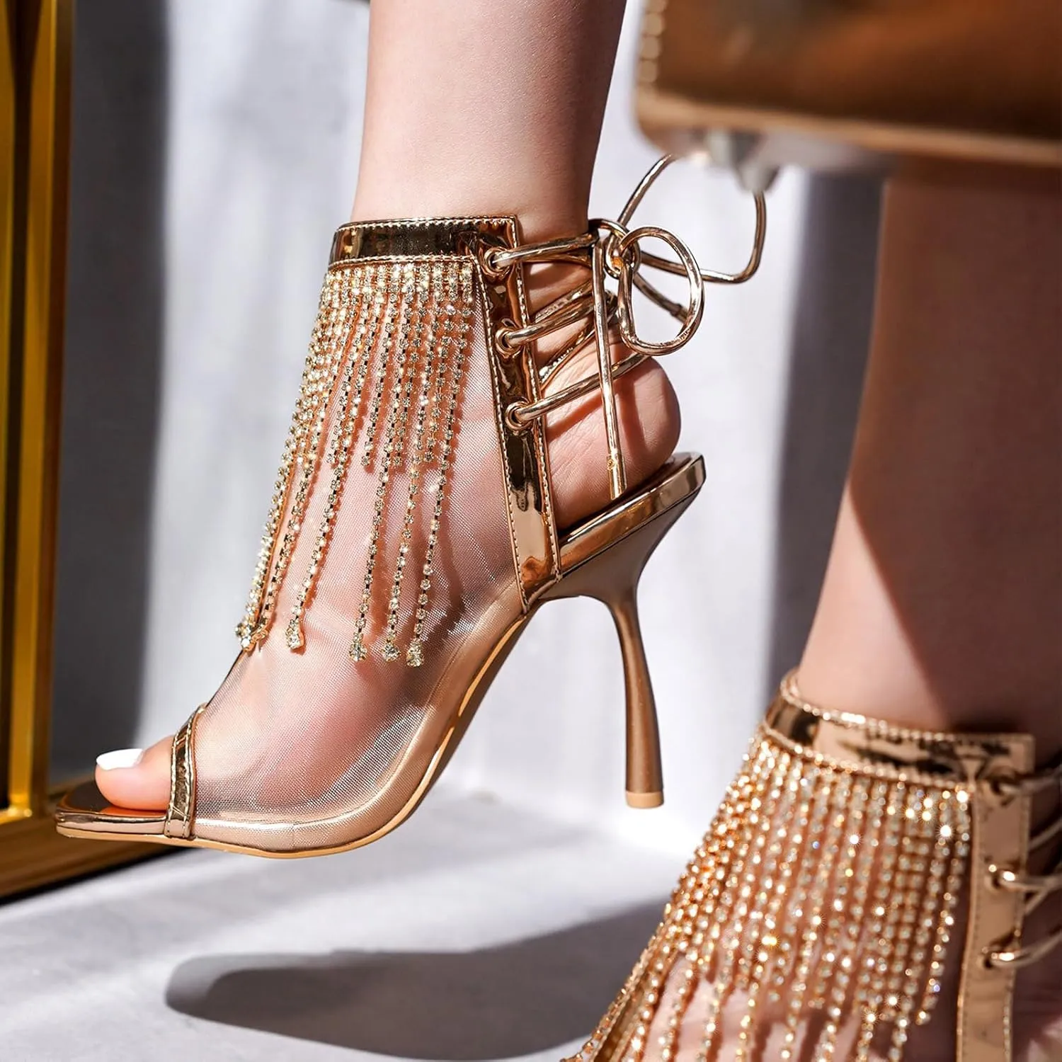 Women's Mesh Sandals Peep Toe High Heels Lace Up Summer Boots Buckle Strap Party Sexy Pump Shoes Open toe