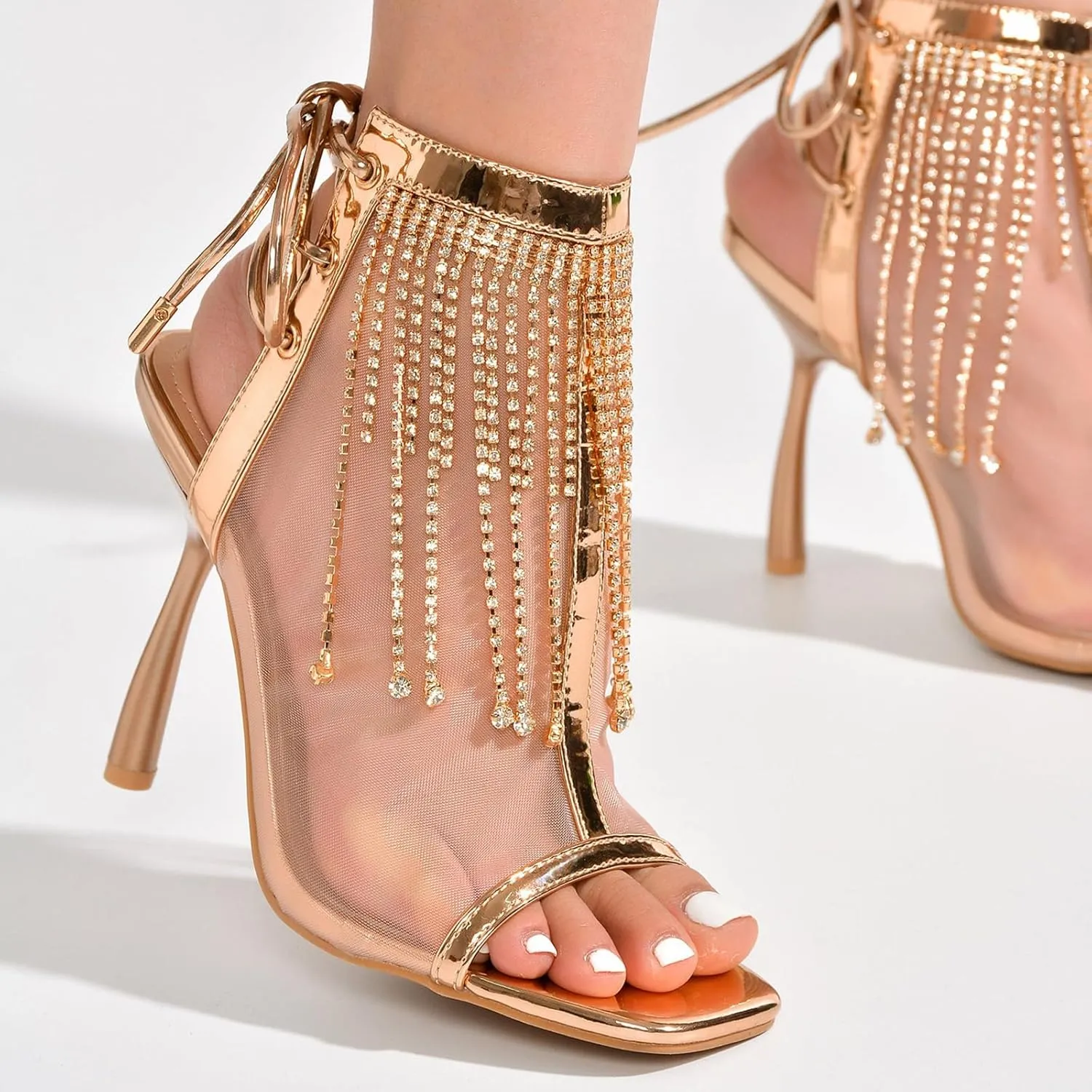 Women's Mesh Sandals Peep Toe High Heels Lace Up Summer Boots Buckle Strap Party Sexy Pump Shoes Open toe