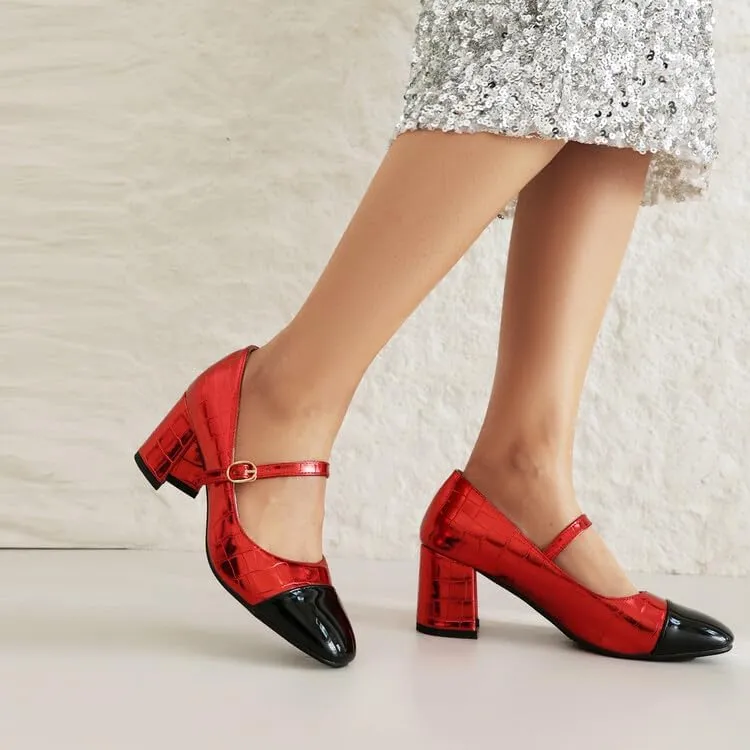 Women's Metal Glossy Square Toe Chunky Heel Pumps Mary Jane Shoes