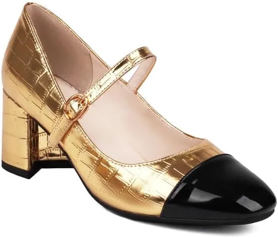 Women's Metal Glossy Square Toe Chunky Heel Pumps Mary Jane Shoes