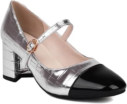 Women's Metal Glossy Square Toe Chunky Heel Pumps Mary Jane Shoes