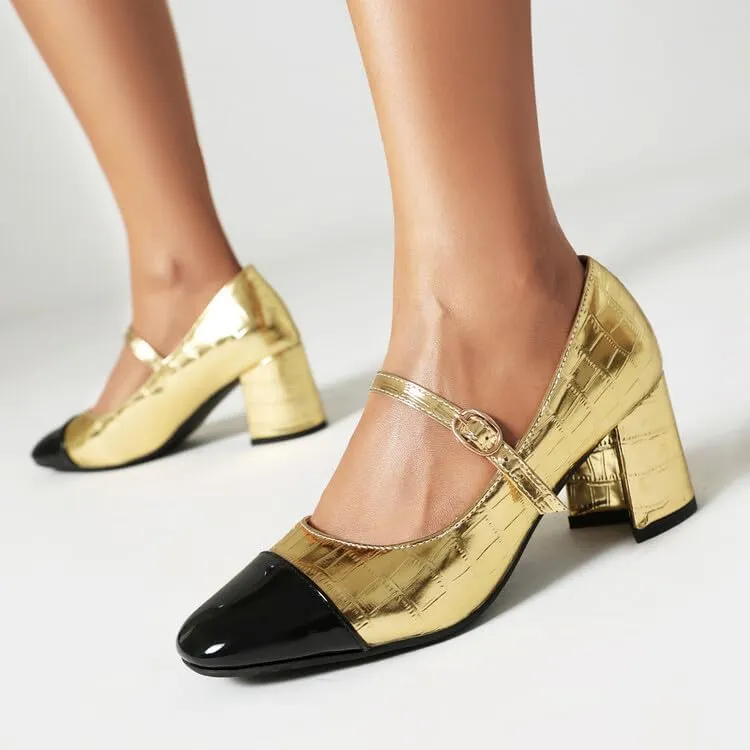 Women's Metal Glossy Square Toe Chunky Heel Pumps Mary Jane Shoes