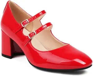 Women's Metal Glossy Square Toe Chunky Heel Pumps Mary Jane Shoes