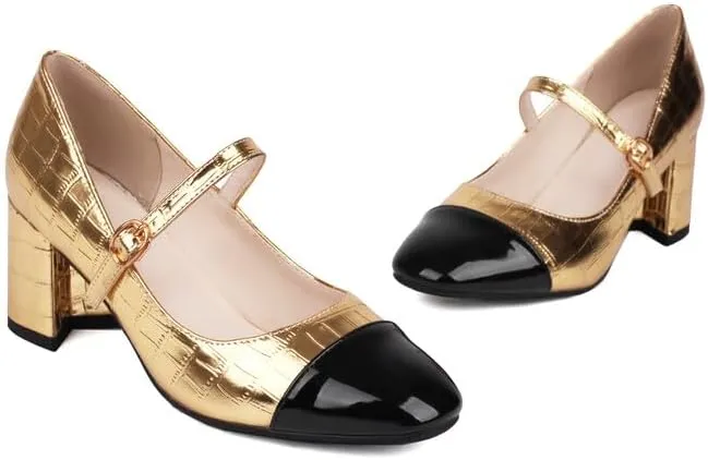 Women's Metal Glossy Square Toe Chunky Heel Pumps Mary Jane Shoes