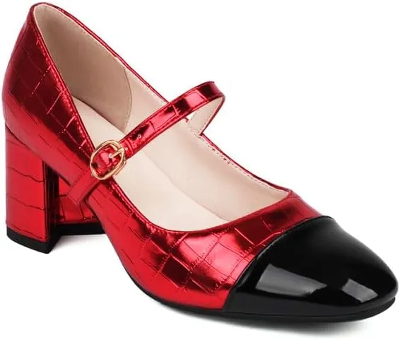 Women's Metal Glossy Square Toe Chunky Heel Pumps Mary Jane Shoes