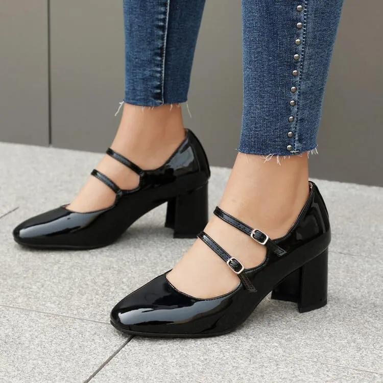 Women's Metal Glossy Square Toe Chunky Heel Pumps Mary Jane Shoes