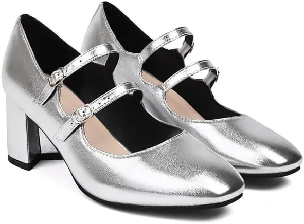 Women's Metal Glossy Square Toe Chunky Heel Pumps Mary Jane Shoes