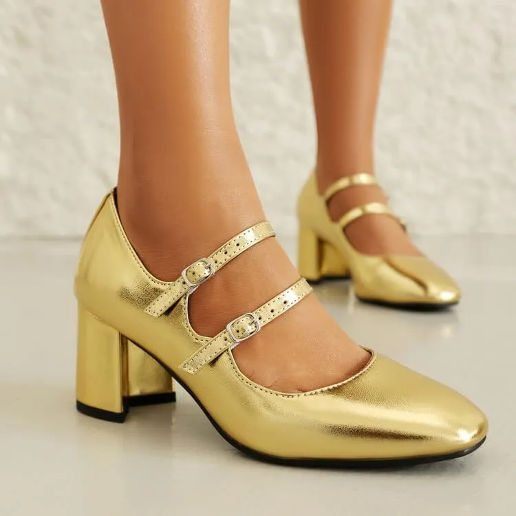Women's Metal Glossy Square Toe Chunky Heel Pumps Mary Jane Shoes