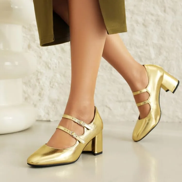 Women's Metal Glossy Square Toe Chunky Heel Pumps Mary Jane Shoes