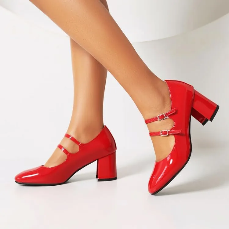 Women's Metal Glossy Square Toe Chunky Heel Pumps Mary Jane Shoes