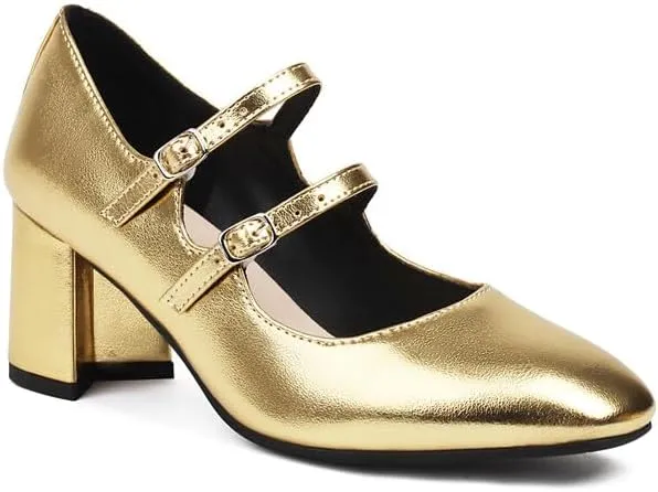 Women's Metal Glossy Square Toe Chunky Heel Pumps Mary Jane Shoes
