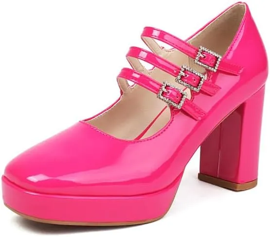 Women's Metal Glossy Square Toe Platform Pumps Square Heel Mary Janes