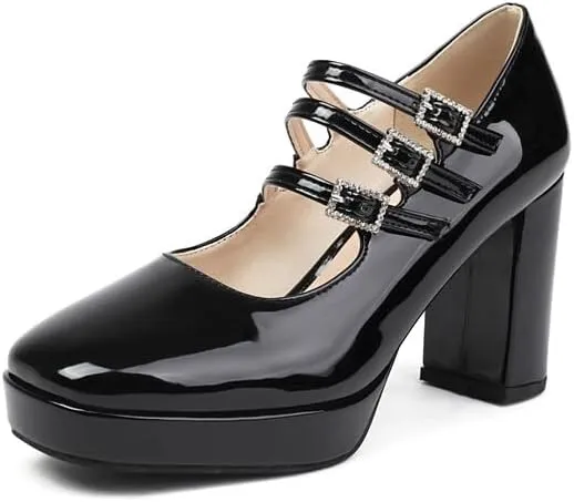 Women's Metal Glossy Square Toe Platform Pumps Square Heel Mary Janes