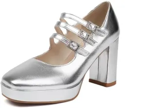 Women's Metal Glossy Square Toe Platform Pumps Square Heel Mary Janes