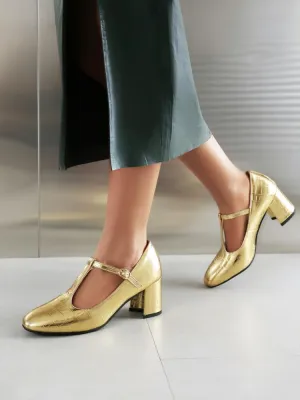 Women's Metal Glossy Square Toe T Strap Chunky Heel Pumps Mary Jane Shoes