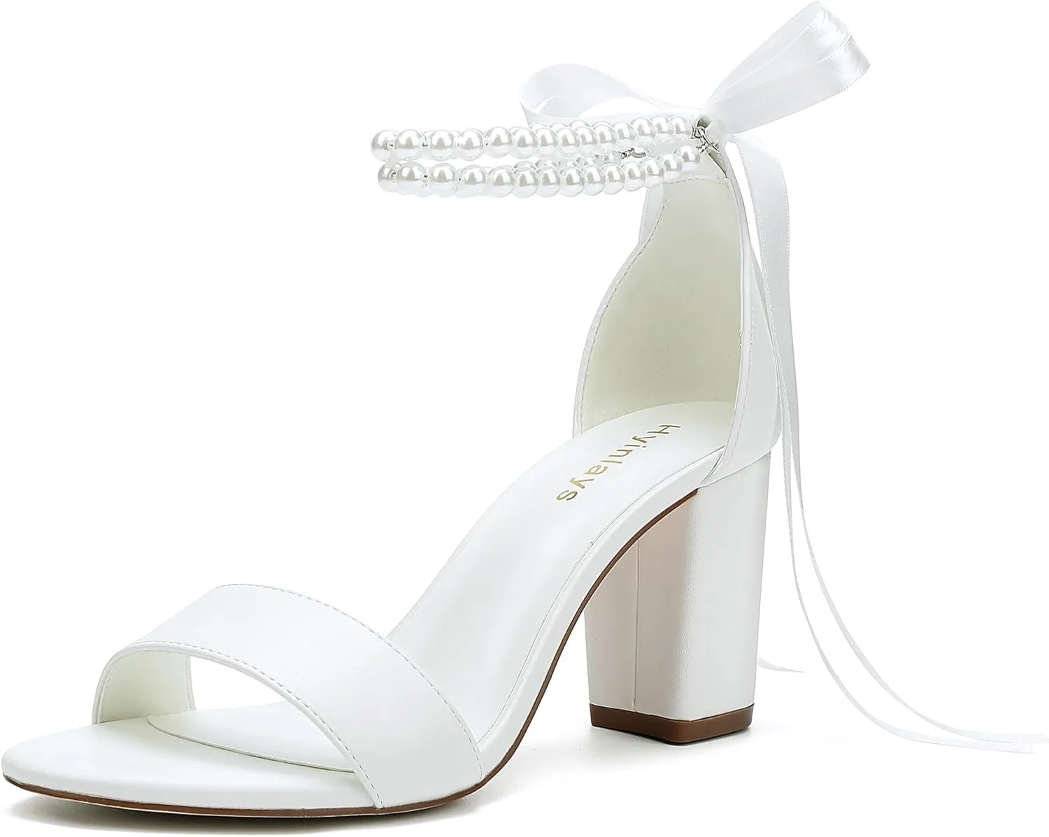 Women's Open Toe Block Heel Pearl Wedding Shoes for Bride Chunky Heeled Sandals Bridal Shoes Pumps