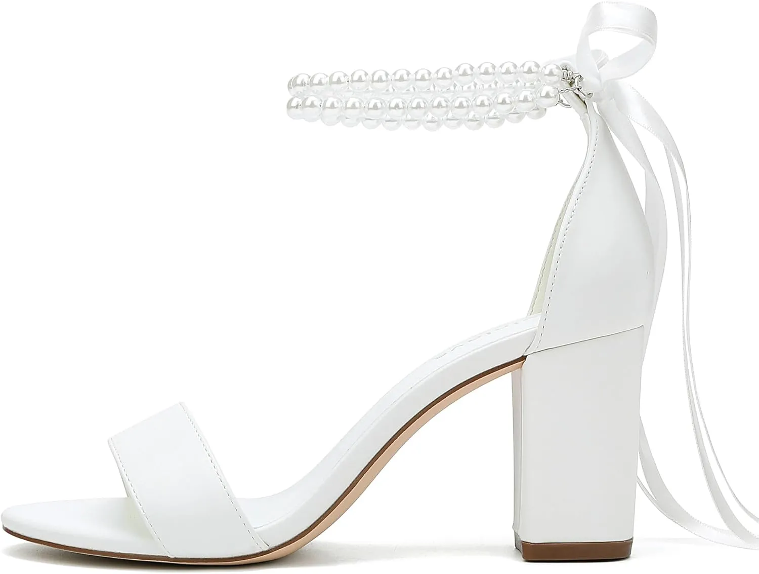 Women's Open Toe Block Heel Pearl Wedding Shoes for Bride Chunky Heeled Sandals Bridal Shoes Pumps