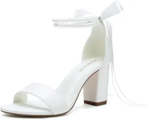 Women's Open Toe Block Heel Pearl Wedding Shoes for Bride Chunky Heeled Sandals Bridal Shoes Pumps