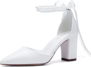 Women's Open Toe Block Heel Pearl Wedding Shoes for Bride Chunky Heeled Sandals Bridal Shoes Pumps