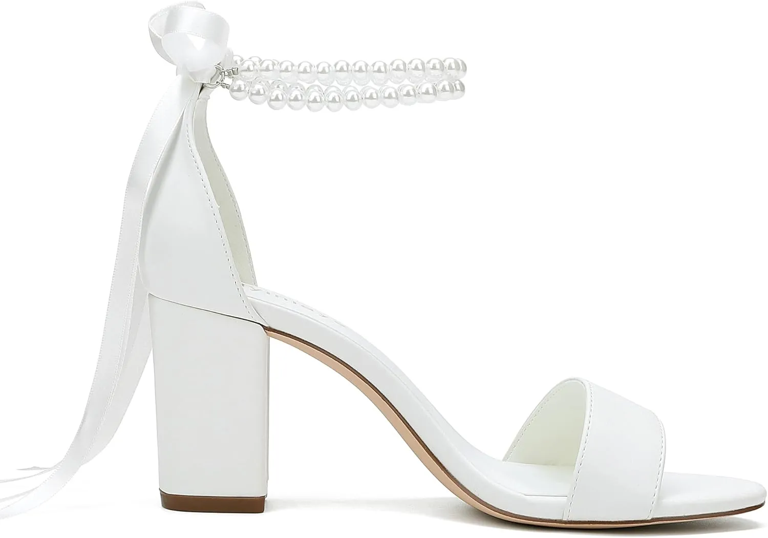 Women's Open Toe Block Heel Pearl Wedding Shoes for Bride Chunky Heeled Sandals Bridal Shoes Pumps