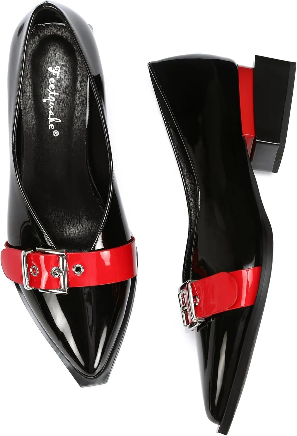 Women's Pump Shoes Overlapping Squared Chunky Red Heel Pointed Toe Pull On Patent PU Leather Daily Comfortable Women Dress Shoes