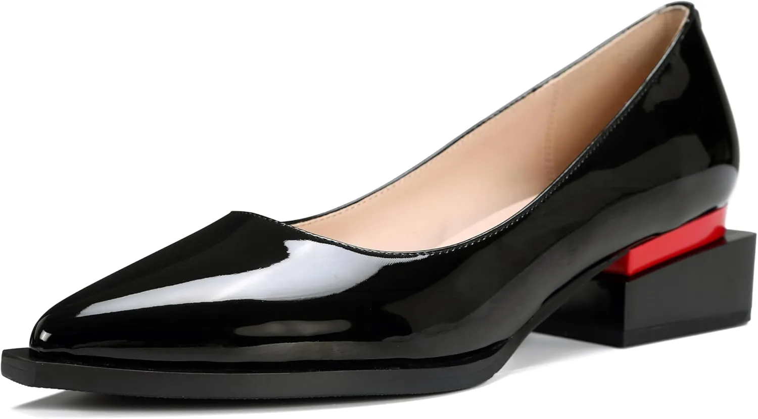 Women's Pump Shoes Overlapping Squared Chunky Red Heel Pointed Toe Pull On Patent PU Leather Daily Comfortable Women Dress Shoes