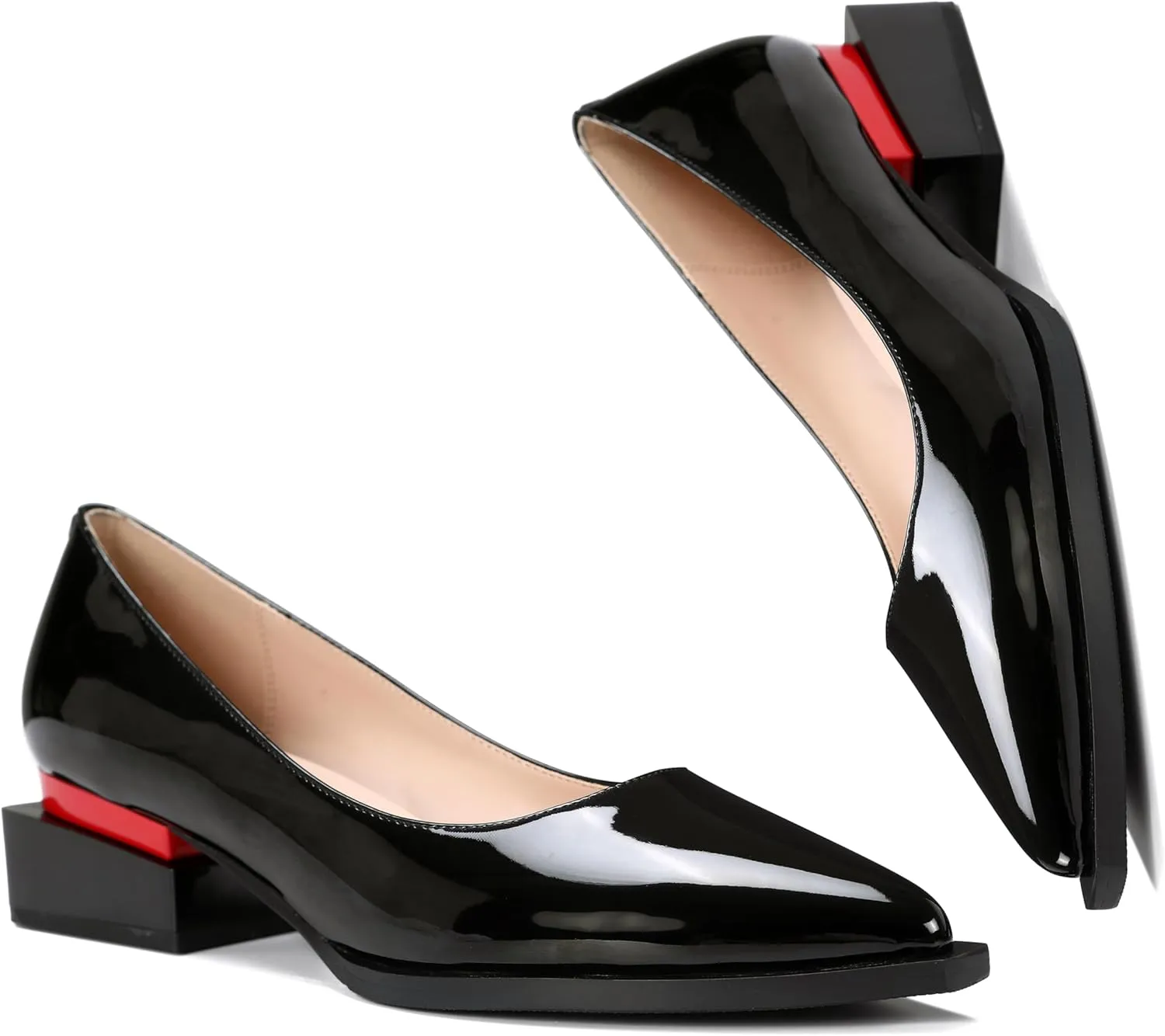 Women's Pump Shoes Overlapping Squared Chunky Red Heel Pointed Toe Pull On Patent PU Leather Daily Comfortable Women Dress Shoes