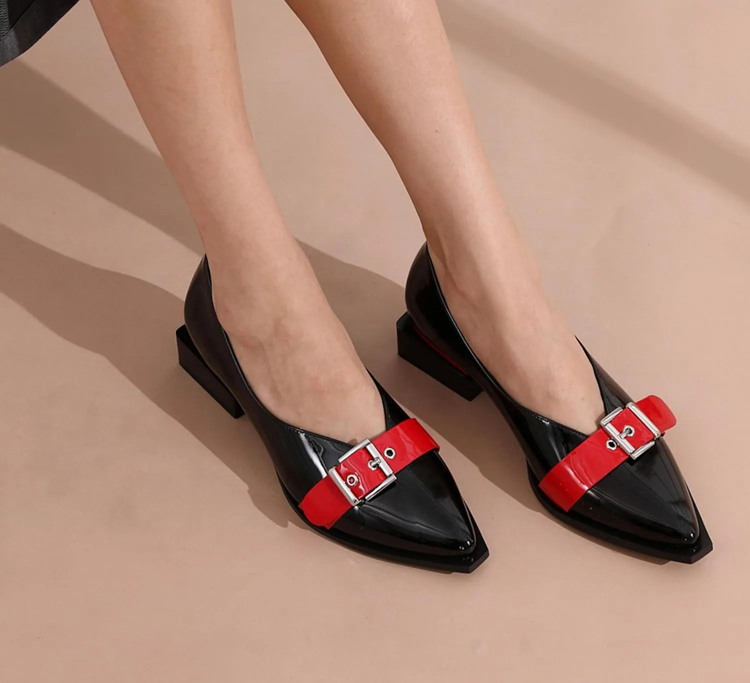 Women's Pump Shoes Overlapping Squared Chunky Red Heel Pointed Toe Pull On Patent PU Leather Daily Comfortable Women Dress Shoes