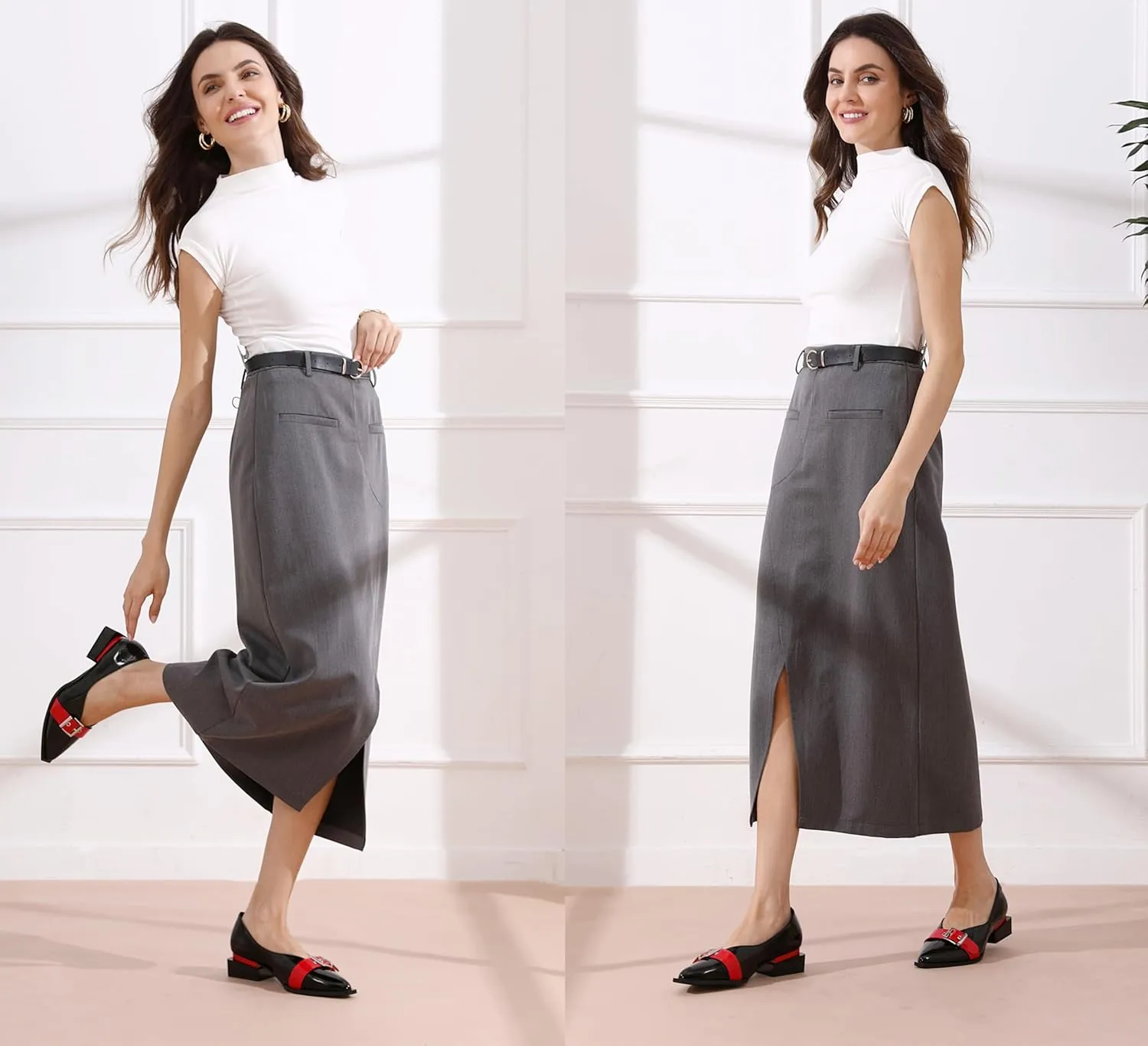 Women's Pump Shoes Overlapping Squared Chunky Red Heel Pointed Toe Pull On Patent PU Leather Daily Comfortable Women Dress Shoes