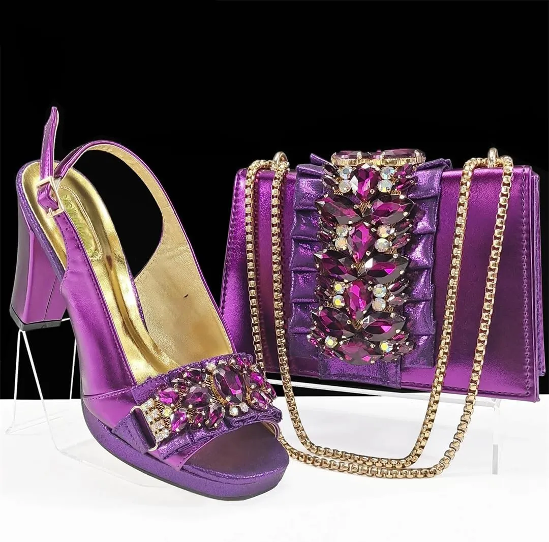 Women’S Rhinestone Hoof Heel Shoes and Bag Set with Square Toe and Comfortable Streamline Design