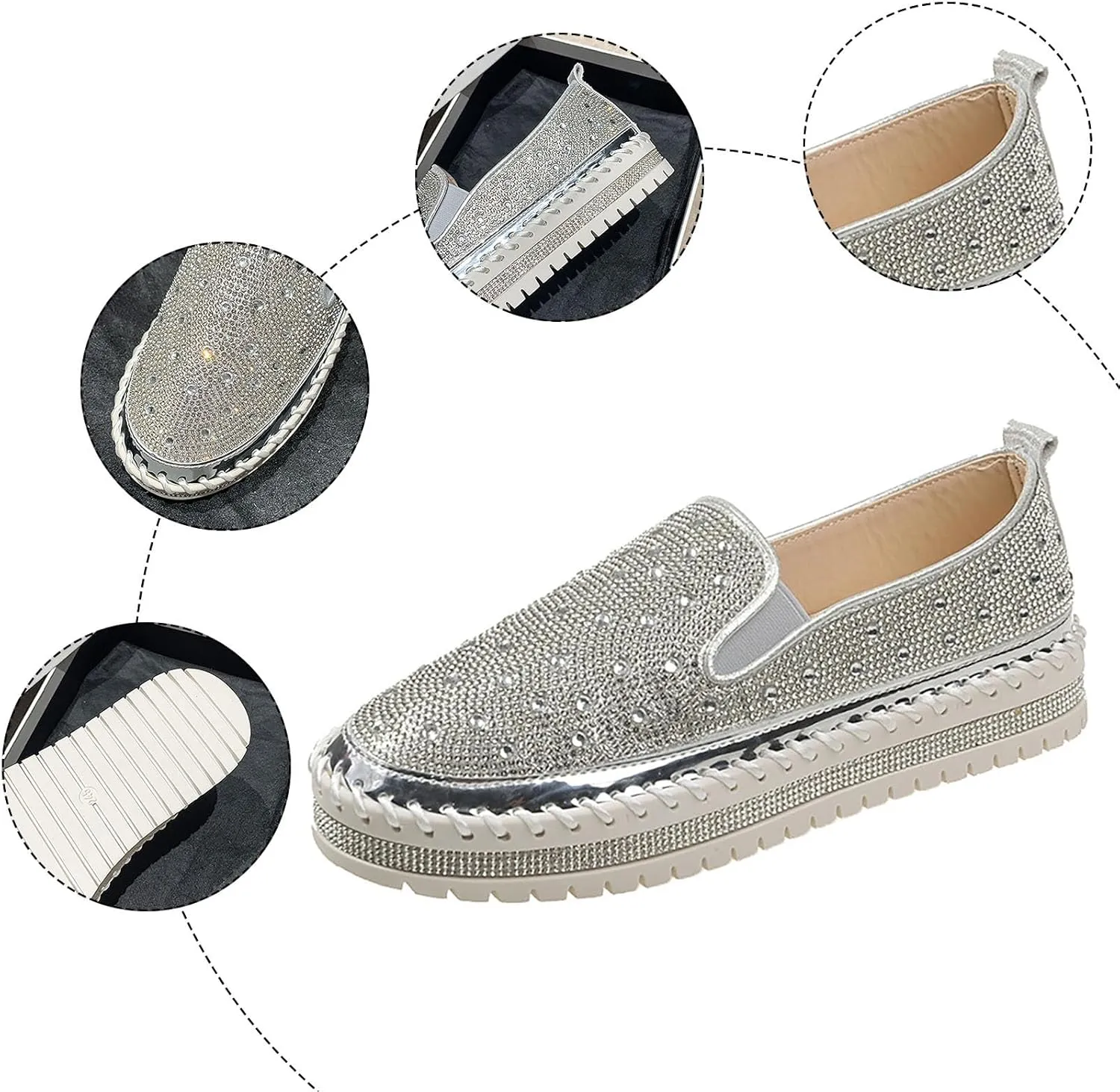 Women's Rhinestone Loafers Soft Thick Bottom Sparkly Banquet Shoes Cushioned Slip-On Ballet Flat Shoes