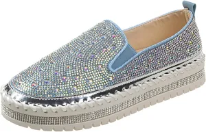 Women's Rhinestone Loafers Soft Thick Bottom Sparkly Banquet Shoes Cushioned Slip-On Ballet Flat Shoes